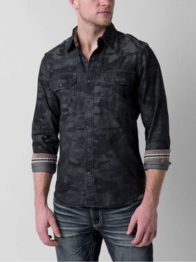Affliction Men's Black Camouflage Button-Down Shirt